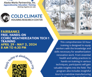 CCHRC flier for Weatherization Tech 1 Training with QR code and info on it