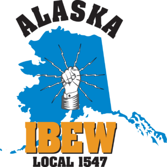 IBEW logo, fist with lightening bolts inside AK state map with typography below